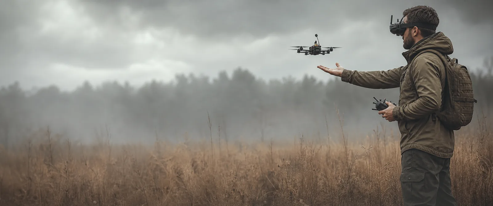 Оператор запускает FPV-дрон на учебном полигоне